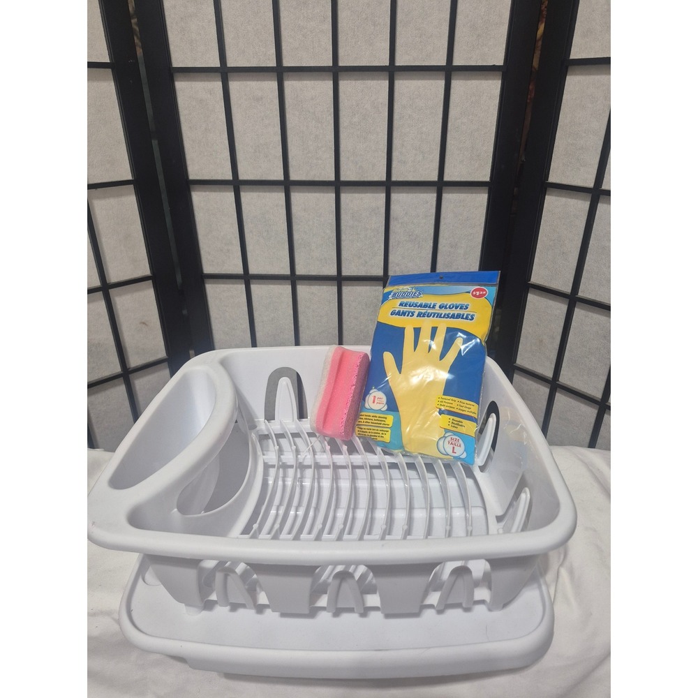 White Dish Drying Rack Set with Drip Tray Large Reusable Gloves and Sponge